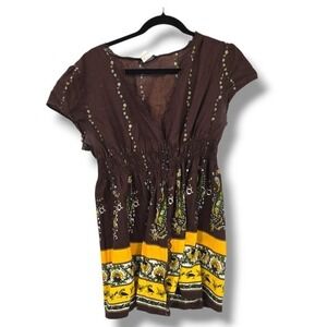 NY Invasion Floral Paisley Blouse Brown V-Neck Short Sleeve Top Y2K Vintage 1X